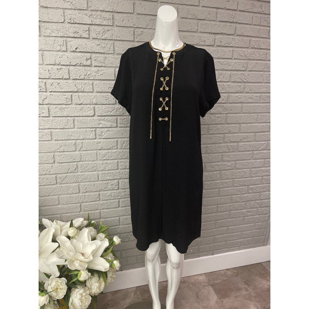 Michael Kors Women High / Low Gold Chain Lace - Up Shift Dress Size M